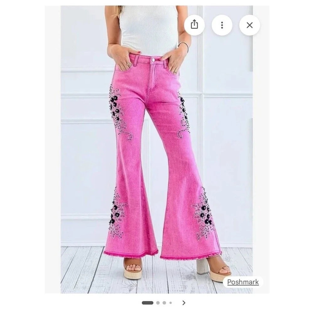 POL jeans POL Pants PINK FLARE EMBROIDERED FLOWERS bohemian jeans womens Medium